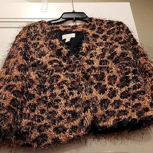 Chico's shaggy  cropped leopard print cardigan with front hook closure